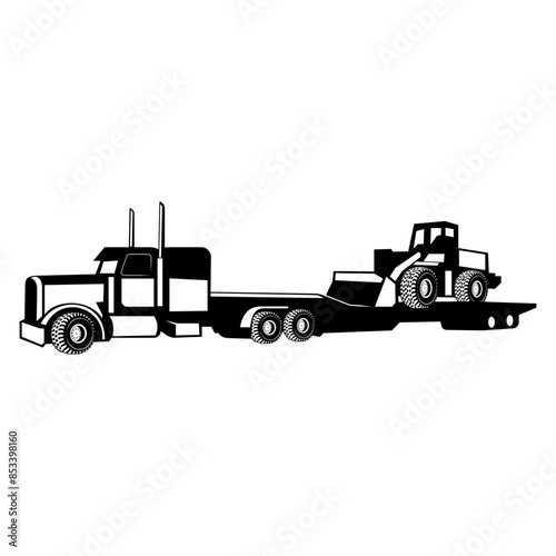 Lowboy Trailer Truck Hauling Bulldozer