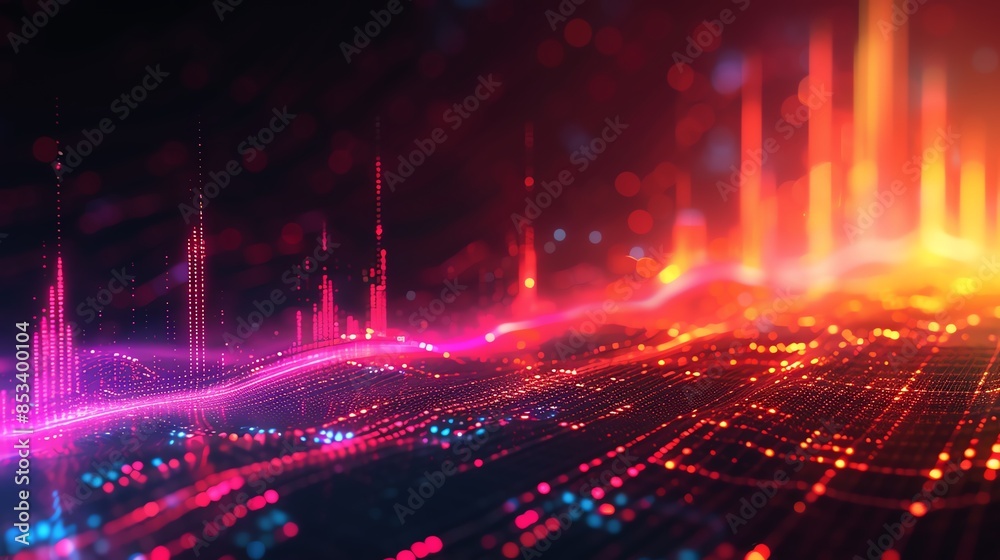 Naklejka premium Abstract representation of stock market fluctuations using vibrant lines and arrows, set against a digital matrix backdrop