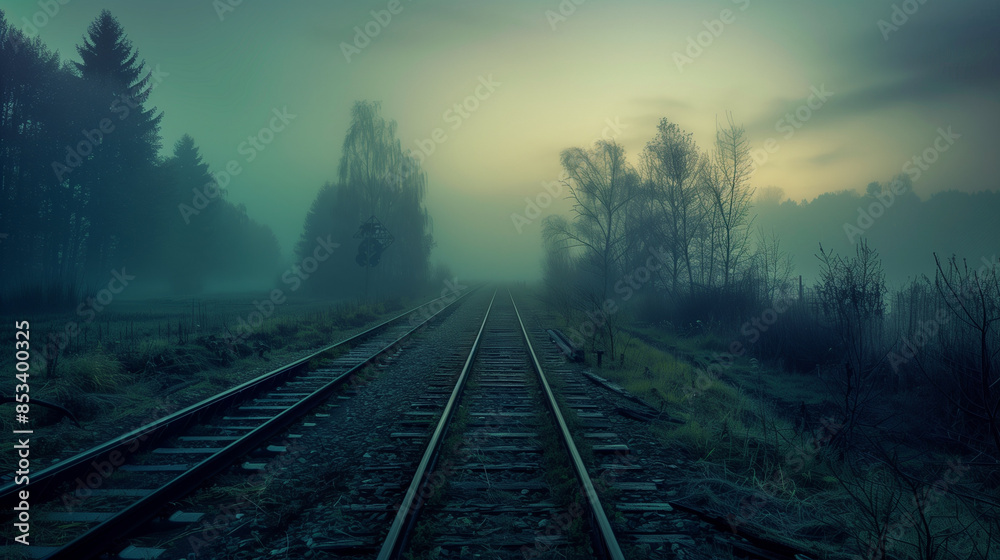 Obraz premium Empty railroad tracks disappearing into a foggy forest at dusk