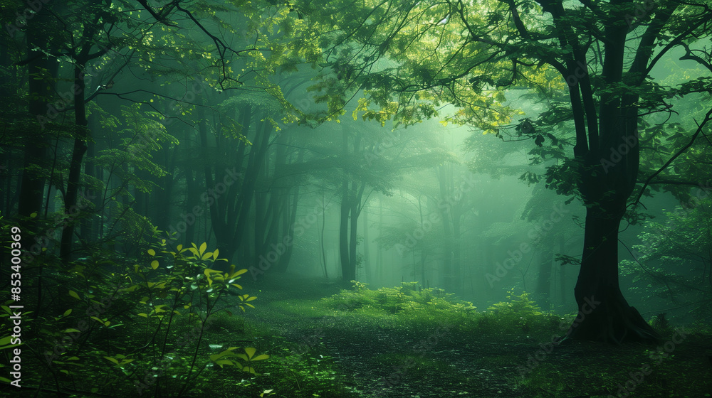 Sun shining through fog in lush green forest with hiking trail Sun shining through fog in lush green forest with hiking trail