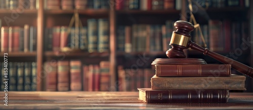 Gavel Resting on Law Books with a Blurry Bookshelf Background