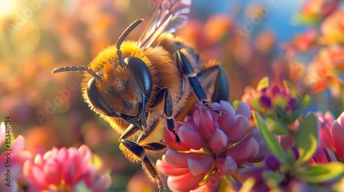 Bee pollinating a yellow flower in a close-up macro shot, showcasing nature's beauty and pollination process photo