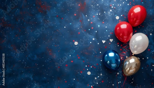 4th of July background with foil balloons and confetti on dark blue background photo