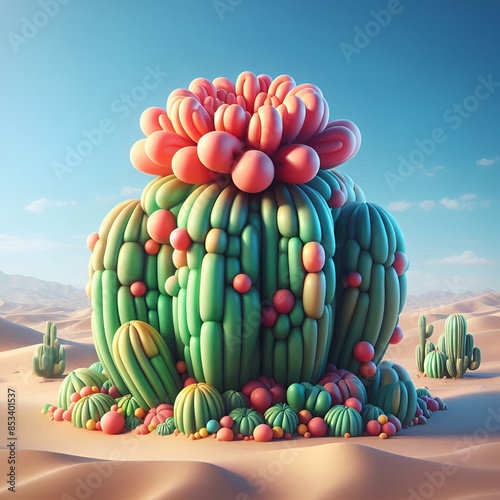 A flat desert background with a hyper-realistic 3D balloon version of a blossoming cactus. The balloons ought to have a hint of sheen. photo