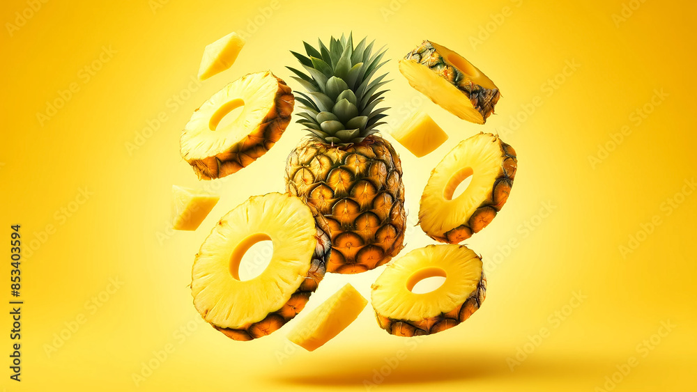 fresh ripe pineapple cut into slices, flying against a yellow background. fresh ripe pineapple cut into slices, flying against a yellow background.