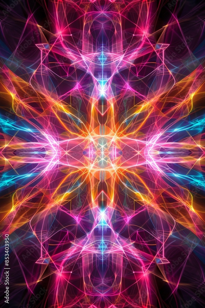 Illuminated Geometric Symmetry: Vibrant Neon Abstract Shapes in Striking Formation Illuminated Geometric Symmetry: Vibrant Neon Abstract Shapes in Striking Formation