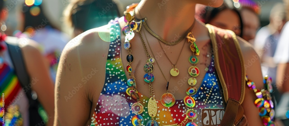 Embracing Diversity: Close-up of Chest Covered in LGBTQ+ Pride Stickers and Badges in a Crowd Embracing Diversity: Close-up of Chest Covered in LGBTQ+ Pride Stickers and Badges in a Crowd