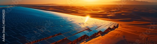 Aerial View of Solar Energy Photovoltaic Power Plant in Desert Sands - Sustainability and Green Energy Concept photo