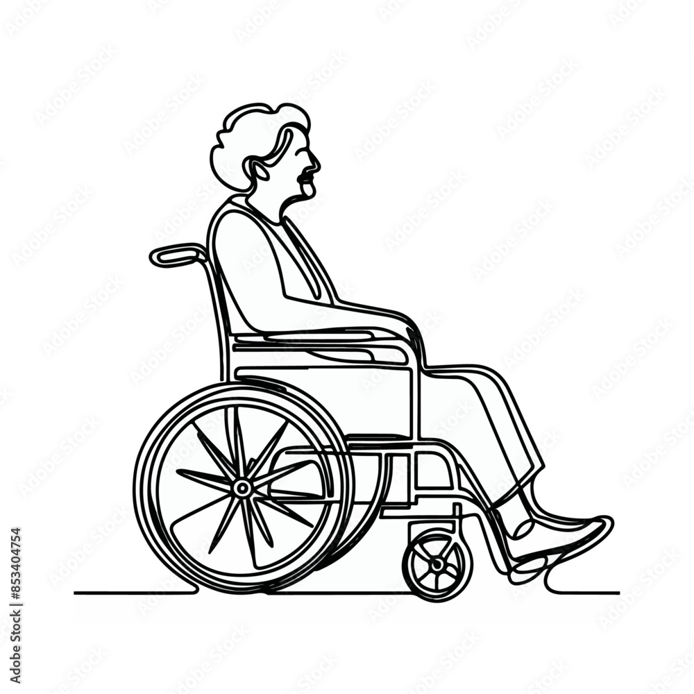 continuous single line drawing of old women in wheelchair, wheelchair line art, line art vector illustration continuous single line drawing of old women in wheelchair, wheelchair line art, line art vector illustration