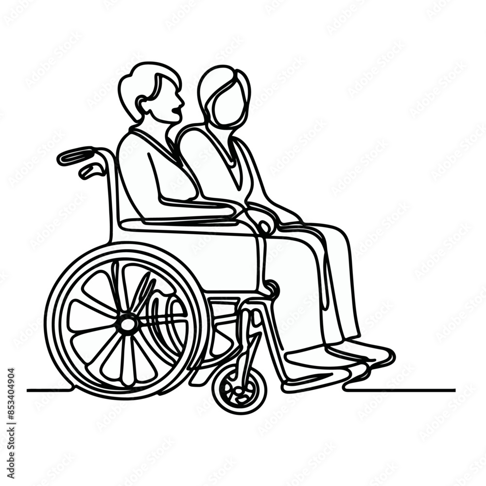 continuous single line drawing of old women in wheelchair, wheelchair line art, line art vector illustration continuous single line drawing of old women in wheelchair, wheelchair line art, line art vector illustration