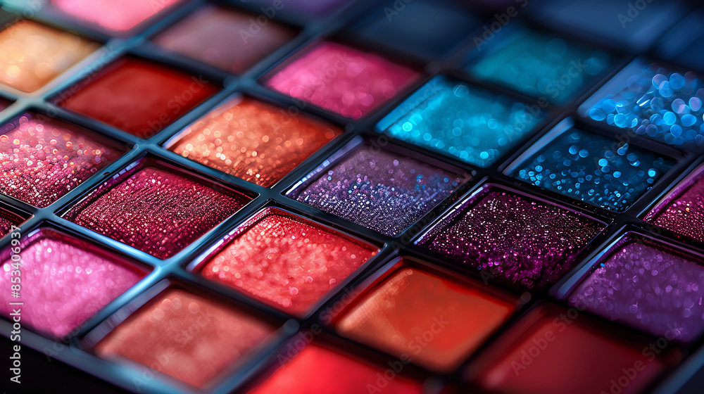 A close-up of a colorful eyeshadow palette with various shades of pink, red, purple, and blue. A close-up of a colorful eyeshadow palette with various shades of pink, red, purple, and blue.