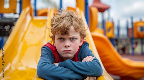 Unenthusiastic boy on yellow playground slide - A pre-adolescent boy displays a lack of enthusiasm, perched on a colorful playground slide photo