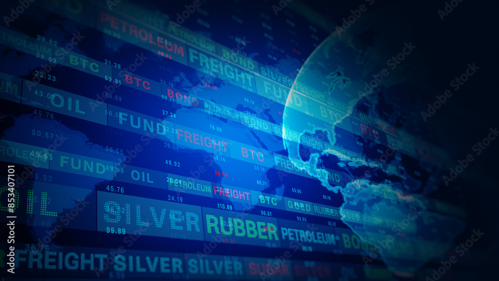 Global financial markets data visualization, Digital representation of global financial markets with various commodities, currencies, and indices displayed on a blue background. 3d rendering Global financial markets data visualization, Digital representation of global financial markets with various commodities, currencies, and indices displayed on a blue background. 3d rendering
