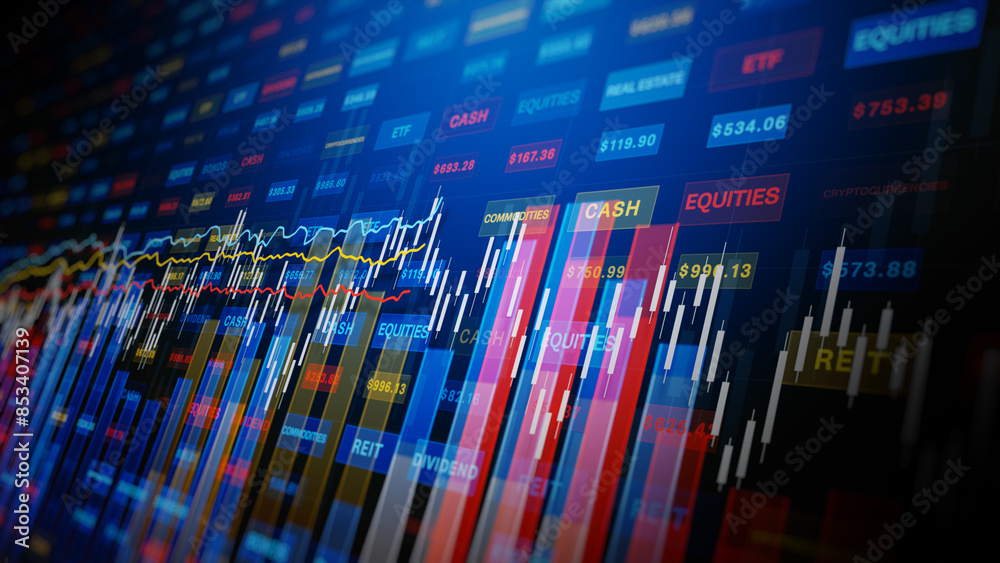 Financial market charts display background, Business financial investment charts display various commodities, equities, and indices with fluctuating values and digital data. 3d rendering Financial market charts display background, Business financial investment charts display various commodities, equities, and indices with fluctuating values and digital data. 3d rendering