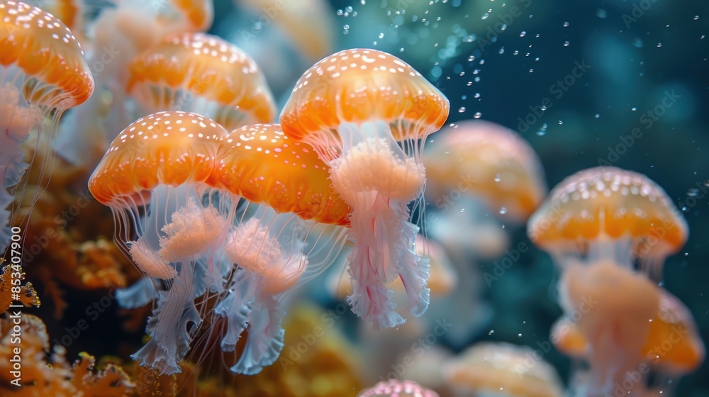 Naklejka premium A group of jellyfish are swimming in the ocean. The jellyfish are glowing in the dark water.