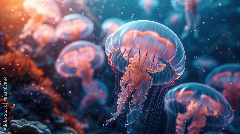 Naklejka premium A group of jellyfish are swimming in the ocean. The jellyfish are glowing in the dark water.