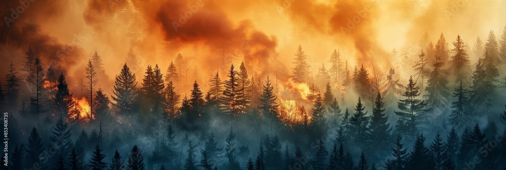 Forest wildfire disaster from above - Intense wildfire captured from an aerial perspective, showcasing destruction of forest Forest wildfire disaster from above - Intense wildfire captured from an aerial perspective, showcasing destruction of forest