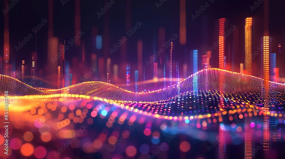 Fototapeta premium Abstract background with vibrant glowing lines and particles forming a dynamic digital landscape.