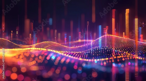 Abstract background with vibrant glowing lines and particles forming a dynamic digital landscape.