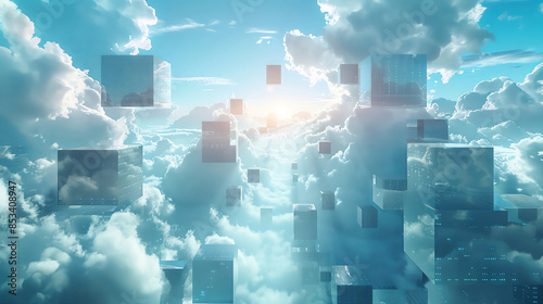 photo of landscape with cubic servers, geometrically shaped clouds, blue colors, DSLR