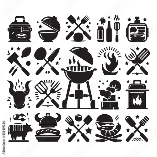 BBQ Decorative Icons Set Free vector print of BBQ set silhouette vector eps