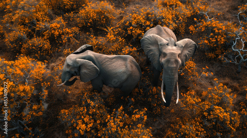 Aerial view of elephants in orange bushland - The image features an overhead view of two elephants surrounded by vibrant orange foliage in a natural bushland setting
