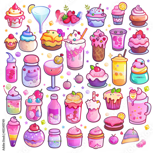 cartoon sweets, clip art style, cute stickers, sheet, vector, cakes, cookies, donuts, milkshake, pink, purple tattoos, ice cream, decorations, yummy, pink, purple, adorable