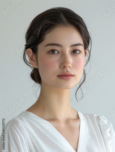 Exquisite 8K High Resolution Portrait of a 26-Year-Old Japanese Woman with Model-like Features in a Simple White Dress