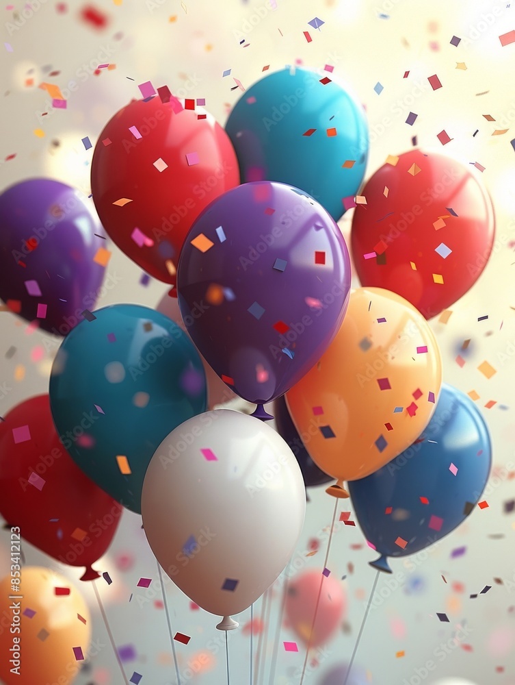 Vibrantly colored balloons and confetti on a blurred background. Vibrantly colored balloons and confetti on a blurred background.