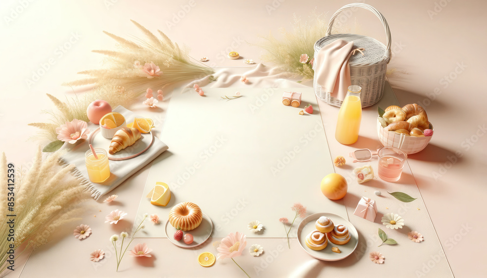 Elegant breakfast arrangement with pastries, juice, and a basket on a pastel background decorated with flowers and leaves. Elegant breakfast arrangement with pastries, juice, and a basket on a pastel background decorated with flowers and leaves.