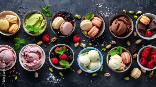 Assortment of Gourmet Ice Cream Flavors in Bowls with Fresh Berries,Macaroons,and Nuts on Dark Background photo