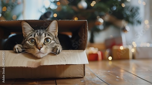 Festive Feline in Cardboard Cat Costume Celebrates Christmas at Home