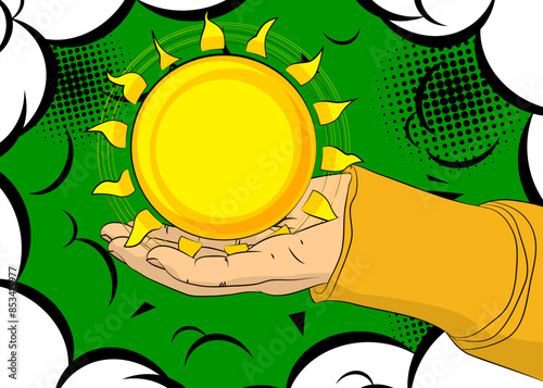 Cartoon, comic book human hands holding Summer Sun. Retro vector comics pop art design.