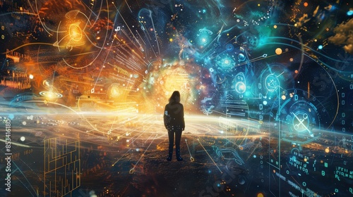 An intense, hyper-realistic image of a person surrounded by floating holographic images and equations representing the mysteries of the universe, with a sense of revelation and discovery. © Tida