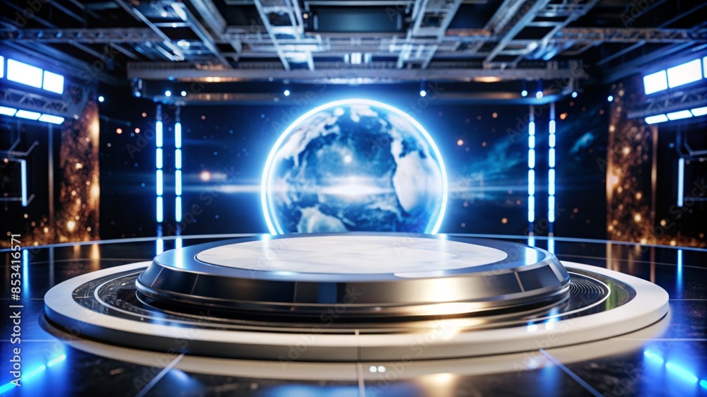 Empty podium for product presentation on a technological and minimalistic background, evoking the concept of high-speed internet Empty podium for product presentation on a technological and minimalistic background, evoking the concept of high-speed internet