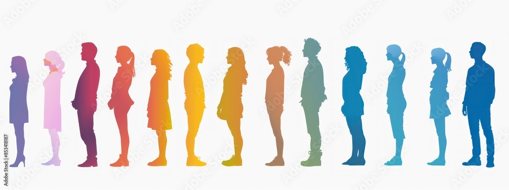 Random pose full-body silhouettes in solid colors, depicting gender diversity and ethnic variations with copy space. Random pose full-body silhouettes in solid colors, depicting gender diversity and ethnic variations with copy space.