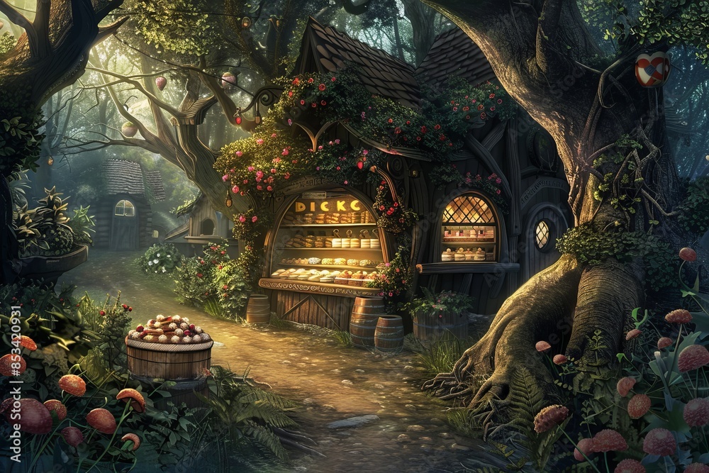 Obraz premium a digital art piece of a fantasy bakery in a magical forest