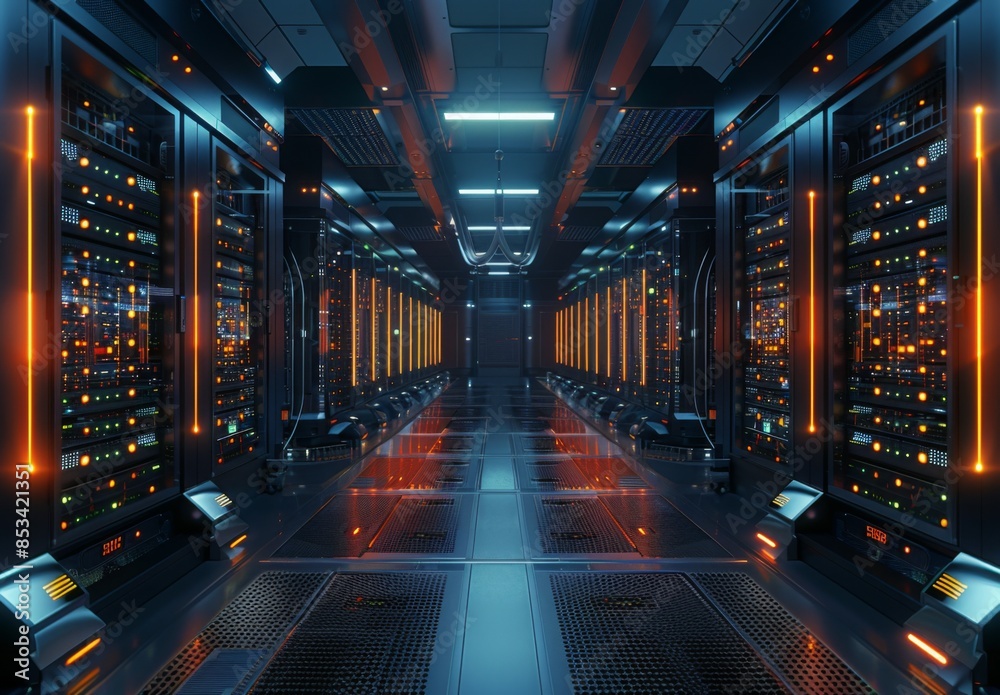 Fototapeta premium Interior of a cutting-edge data center with rows of servers and blinking lights, emphasizing advanced technology