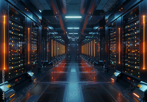 Interior of a cutting-edge data center with rows of servers and blinking lights, emphasizing advanced technology