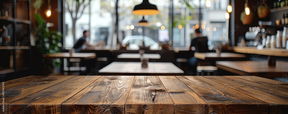 Cozy coffee shop interior with wooden tables, product placement, and a blurred cityscape view through the window. Cozy coffee shop interior with wooden tables, product placement, and a blurred cityscape view through the window.