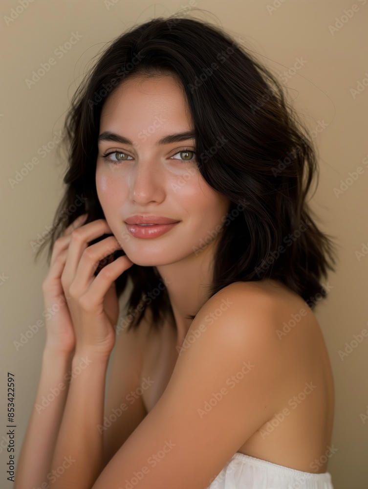 A young woman with dark, wavy hair and luminous skin gently touches her face. Her serene expression and natural beauty are highlighted by the soft, warm lighting.
