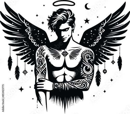 angel in silhouete with bohemian nature pattern illustration