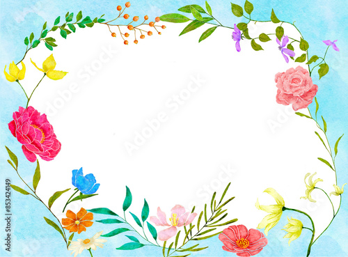 Watercolor painted botanical frame, for wedding elements, or card templates for greetings or invitations on valentine's Day background. Colorful hand painted texture.