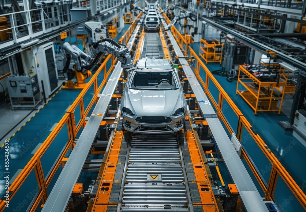 Advanced automotive assembly line featuring partially assembled cars moving on conveyor belts with robotic machinery Advanced automotive assembly line featuring partially assembled cars moving on conveyor belts with robotic machinery