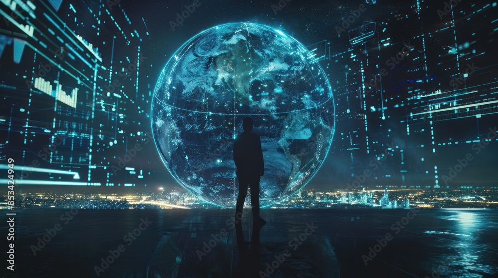 businessman looking at hologram planet earth. Silhouette of a person standing in front of a giant digital screen watching a hologram data. AI generated image businessman looking at hologram planet earth. Silhouette of a person standing in front of a giant digital screen watching a hologram data. AI generated image