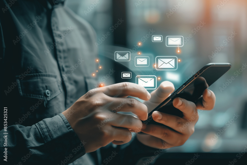 Hand of businessman holding mobile phone with mail icon. Notification and communication concept. Hand of businessman holding mobile phone with mail icon. Notification and communication concept.