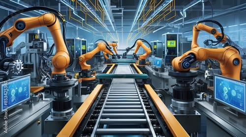 A high-tech factory floor where advanced automation reigns supreme, blending intricate machinery with seamless efficiency