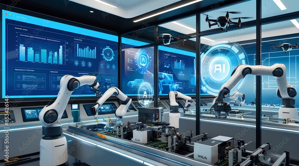Fototapeta premium Control Hub of Precision, A glimpse into a futuristic control room where cutting-edge technology harmonizes with seamless efficiency.