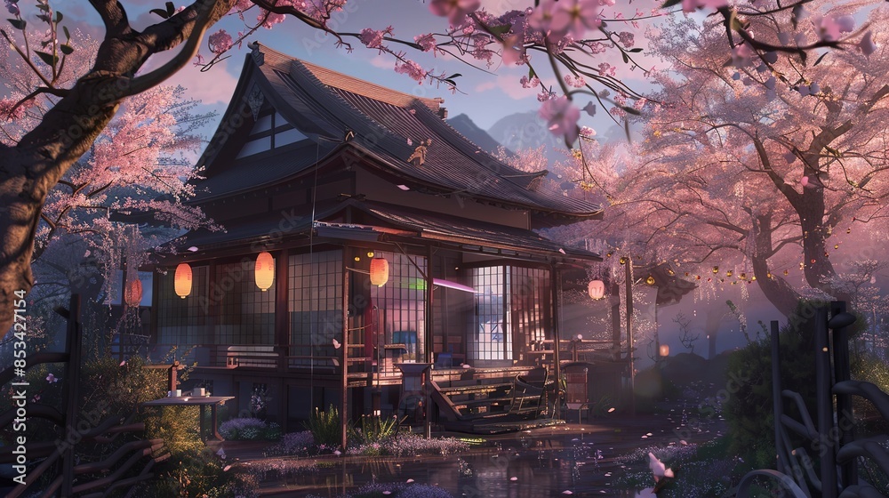 A traditional tea house surrounded by blooming sakura; frontal view, soft twilight, lanterns lit, rich anime hues. A traditional tea house surrounded by blooming sakura; frontal view, soft twilight, lanterns lit, rich anime hues.