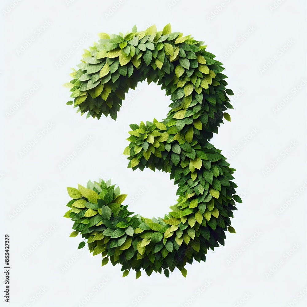 Number 3 made out of green leaves, white background Number 3 made out of green leaves, white background